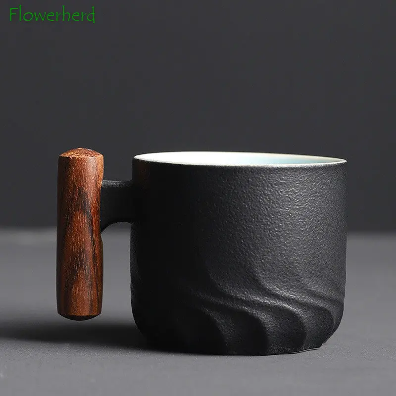 Kiln Changed Glaze Ceramic Mug Wooden Handle Tea Cup Teaware Creative Italian Handmade Coffee Cups Porcelain Small Gift Mugs