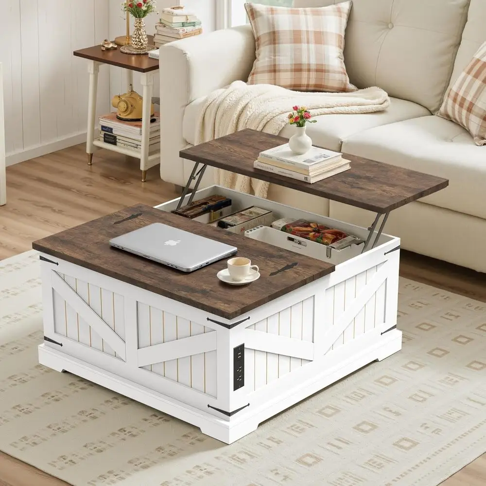 

Журнальный столик 36 Lit Top с местом для хранения и зарядной станцией, квадратный деревянный центральный столик со скрытым отсеком для хранения и дугообразным основанием