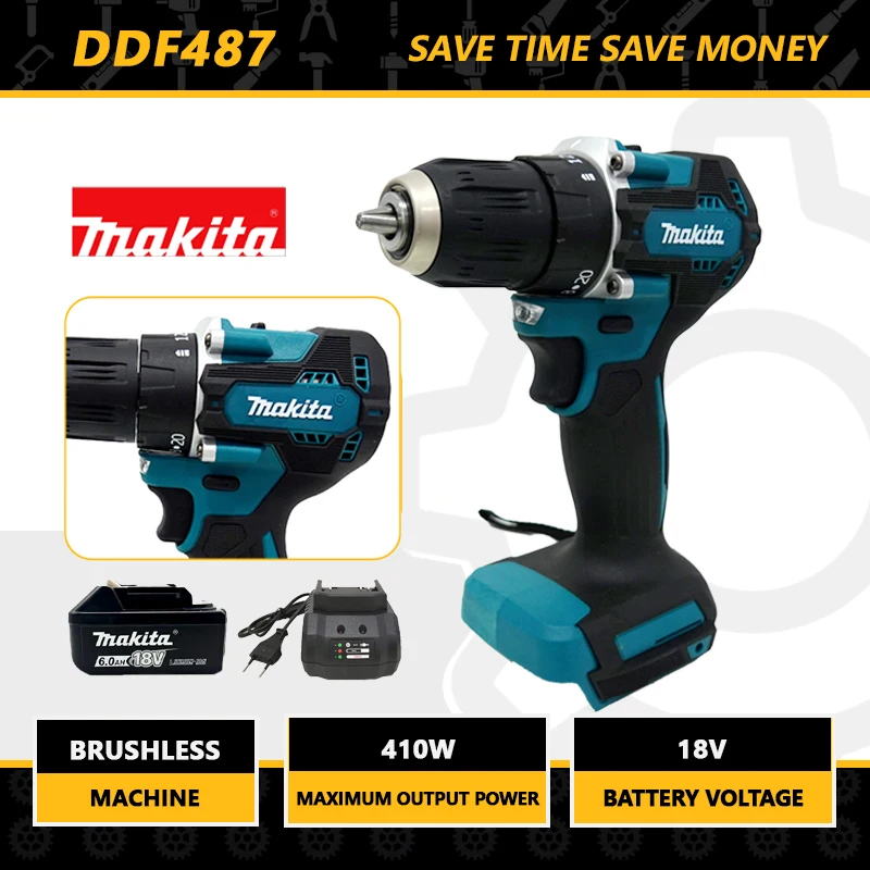 Makita-taladro eléctrico sin escobillas DDF487, destornillador de 18V, taladro de impacto de equipo de decoración, herramientas eléctricas para