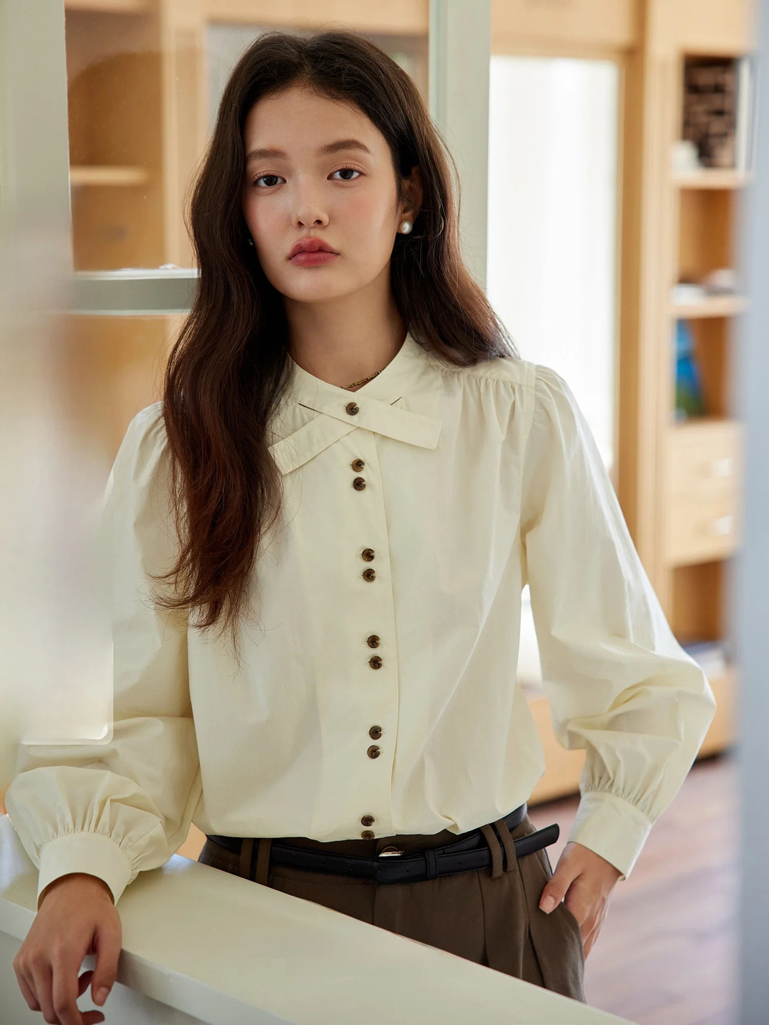 

ORWhite Женская винтажная свободная блузка с длинным рукавом и перекрестным воротником, белая, модная, осенне-зимняя, из смесового хлопка