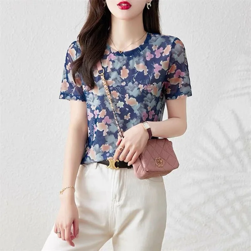 2023 New Summer Fashion Trend Small Fresh Round Neck Print Commuting Simple Casual Loose Versatile Short Sleeve Women\'s Shirt