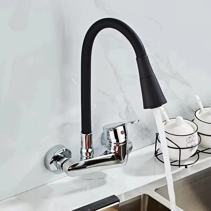 Chrome Kitchen Faucet Basin Sink Rotation Faucet Hot and Cold Water Mixer Tap Single Handle Bathroom Faucets Wall Mounted Tap