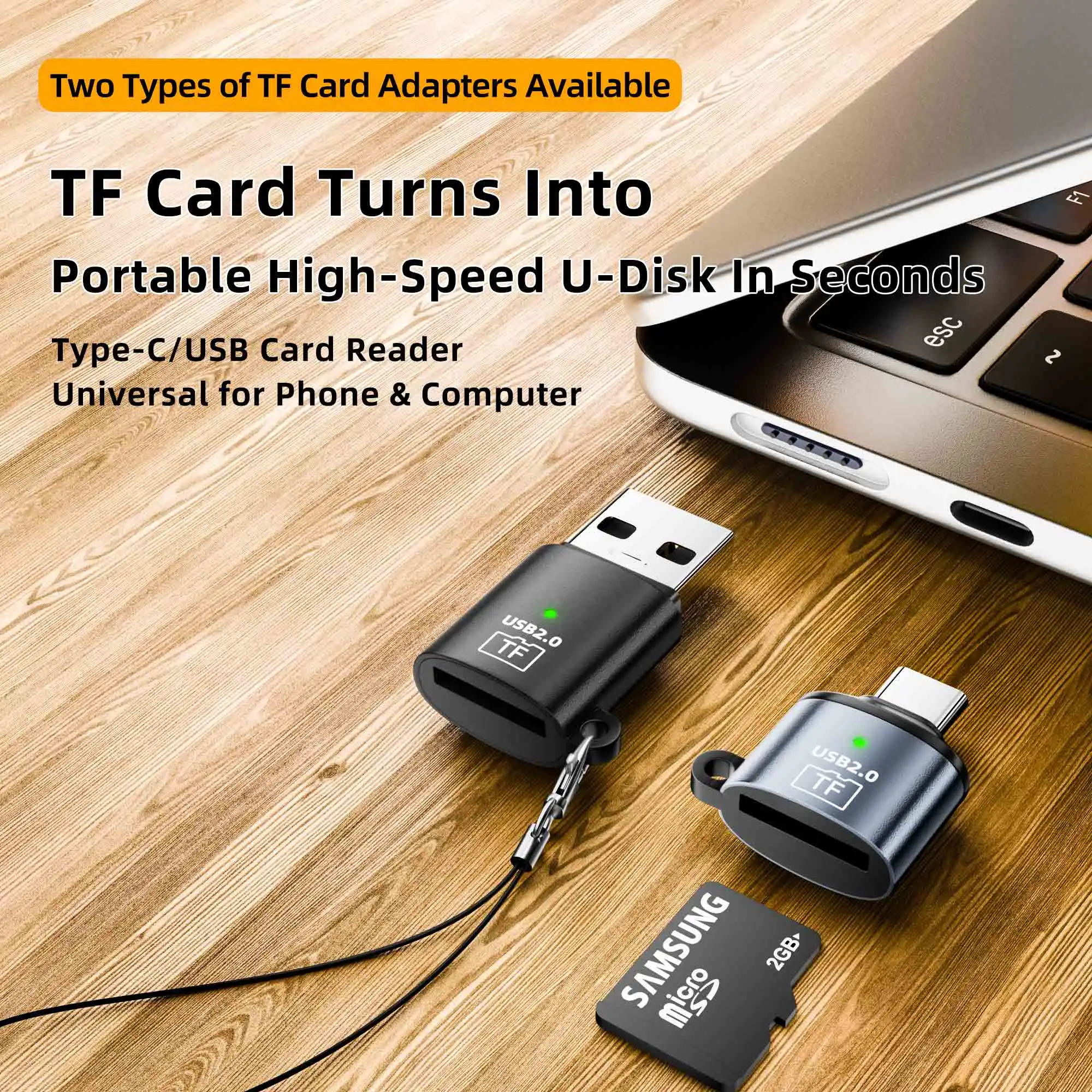 High Speed USB 2.0 Mini Type-C/USB to TF Card Reader Adapter, Compatible with Mobile Phones/Tablets/Laptops/PC Accessories