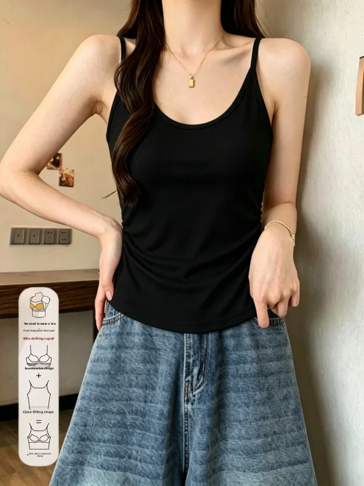 Women's Cotton Blend Tank Top with Chest Pad Belted Waist Slimming Summer Fashion Basic  Color Outerwear Innerwear