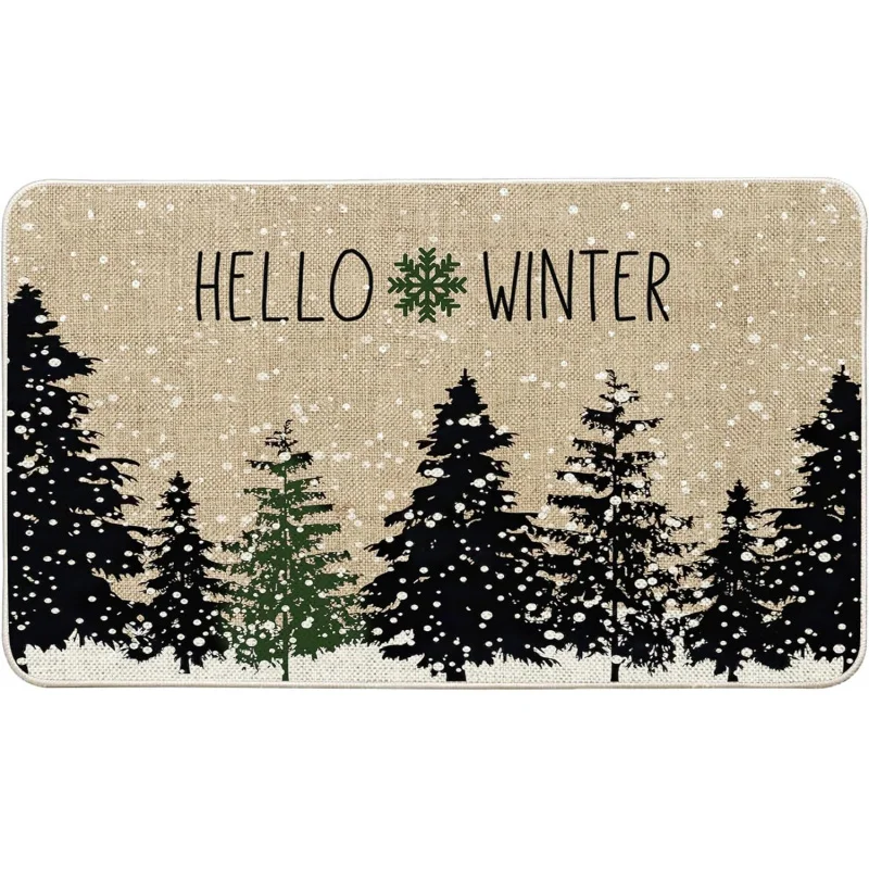 

Christmas Black Tree Door Mat Winter Cold Forest Snowflake Indoor and Outdoor Non slip Floor Mat