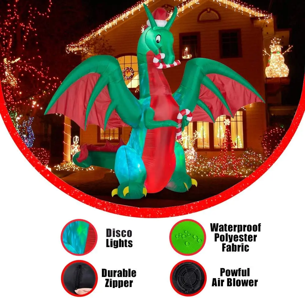 Inflatable Christmas Dragon, 8ft Holiday Yard Decoration with Candy Disco Light