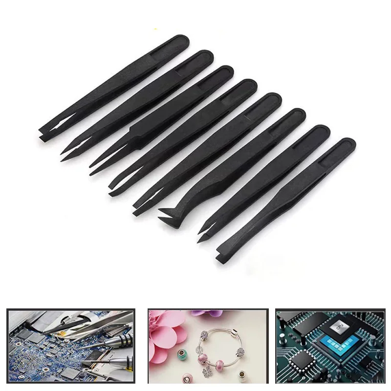 Portable Black Straight Bend Anti-static Plastic Tweezer Heat Resistant Repair Tool for Watch PCB Board Motherboard Repair Diy