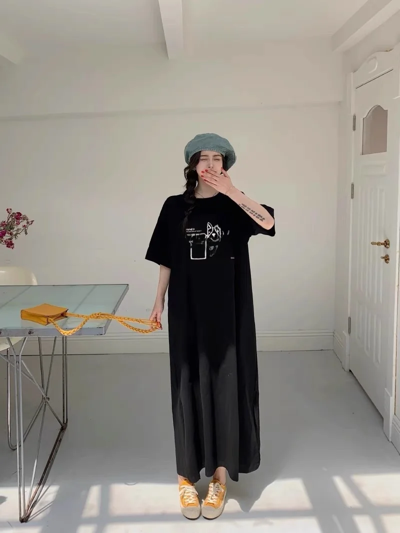 Lâche coréenne Sle T-shirt Dr Hong Kong Sle motif mignon conception mi-longue fente décontracté femmes Faion été Dr