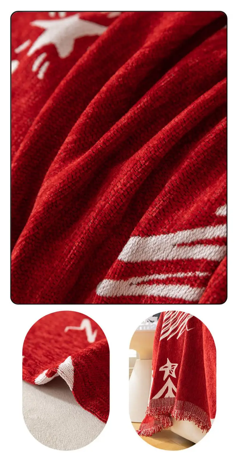 Weihnachtliche Rote Sofadecke Chenille Festliche Wohnzimmerdekoration Sofabezug Bettdecken Beidseitig Verwendbare Bezüge – Detail 5