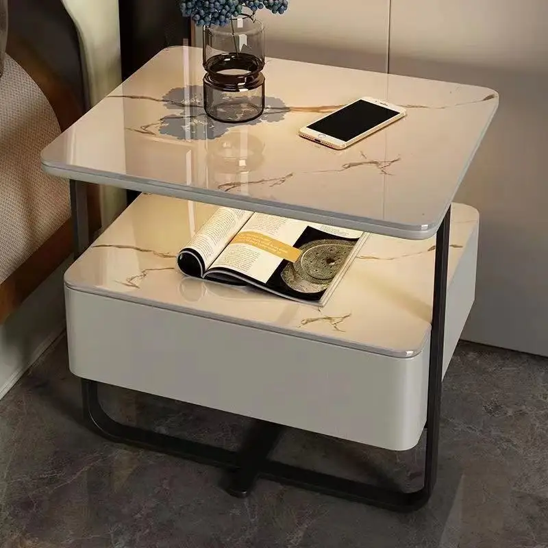 

Intelligent white bedside table, bedroom, minimalist, luxurious rock board, solid wood, wireless charging and storage, bedside t