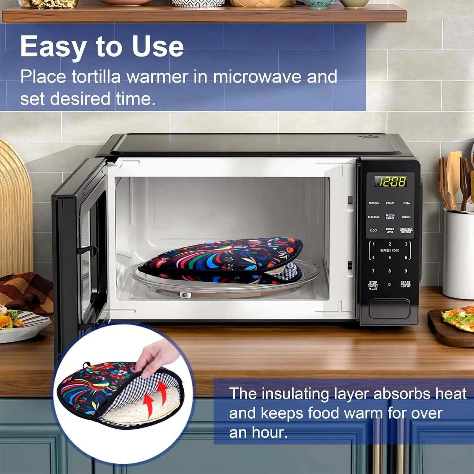 Tortilla Holder Pouch 12-Inch Microwavable Cloth Taco Heater Microwave Tortilla Warmer For Bread Rolls Wraps Pita Chapati