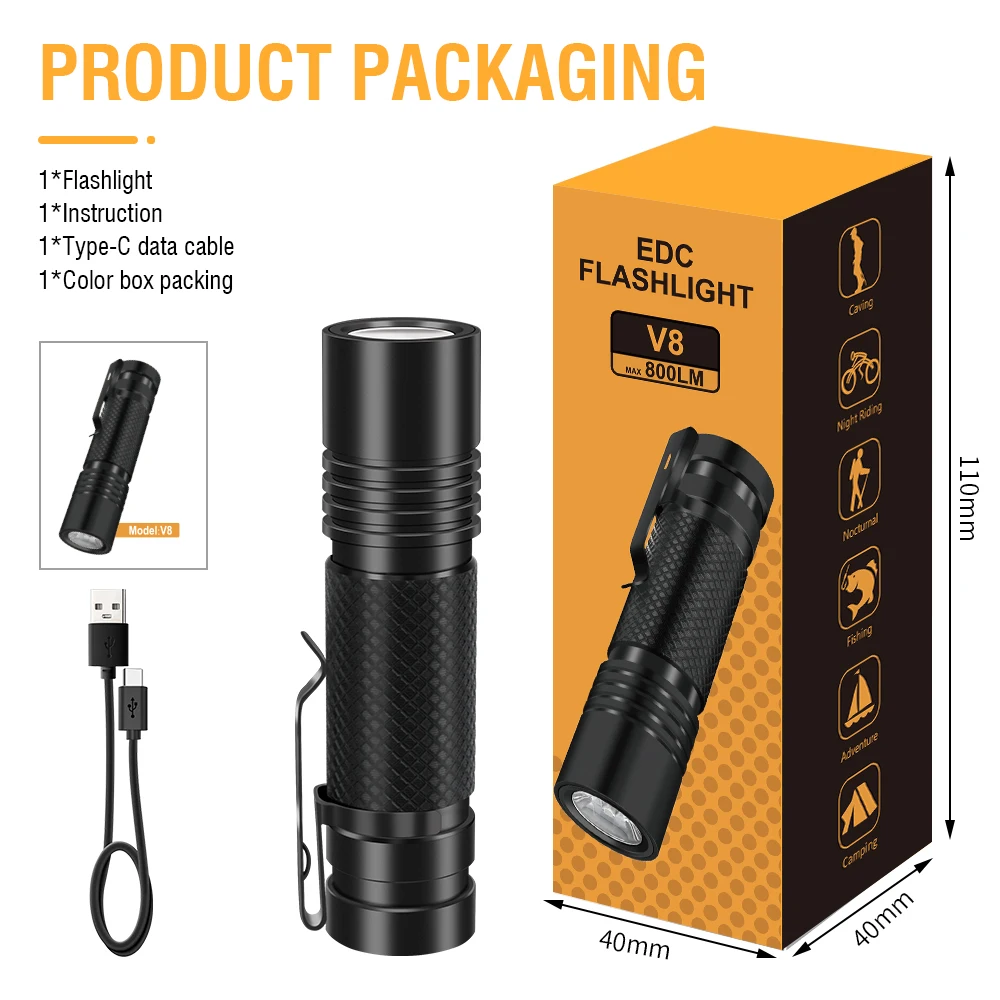 BORUiT V8 EDC Flashlight 800LM Type-C Rechargeable Tactical Flashlight with Clip Handheld Pocket Lantern for Camping Emergency