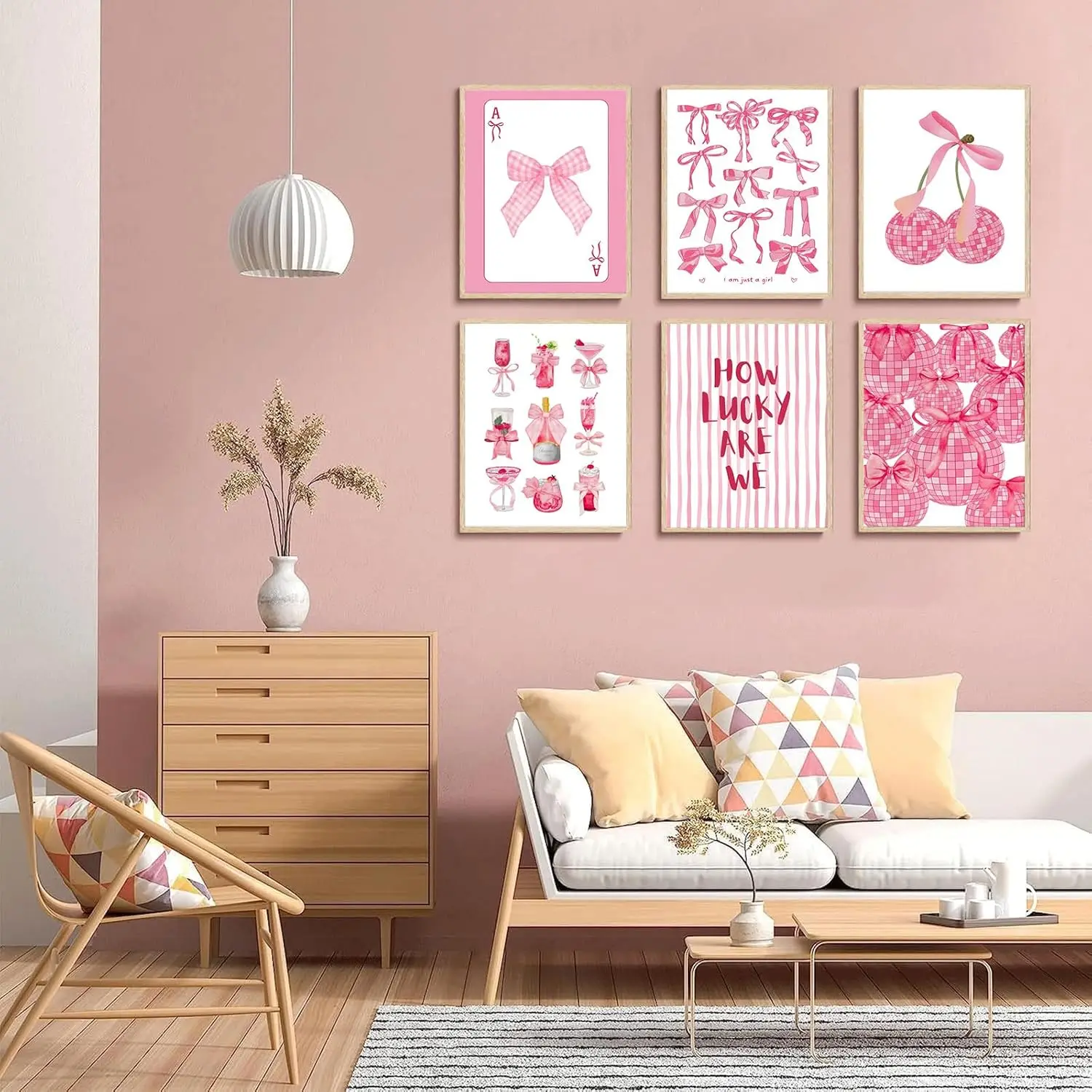 

6pcs Nordic Pink Academic-style Canvas Wall Artistic Fashionable Style Bow Disco Ball Poster Picture Printed Home Decoration