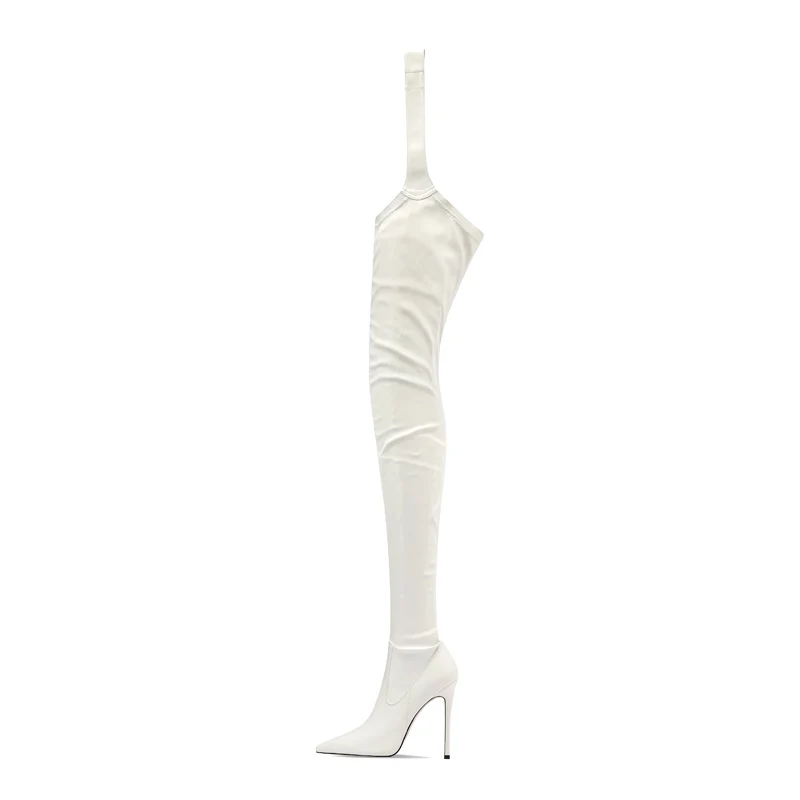 Arden Furtado Autumn White over the knee boots Pointed toe Side zipper Super high heel Belt buckle Pant boots Extra large size