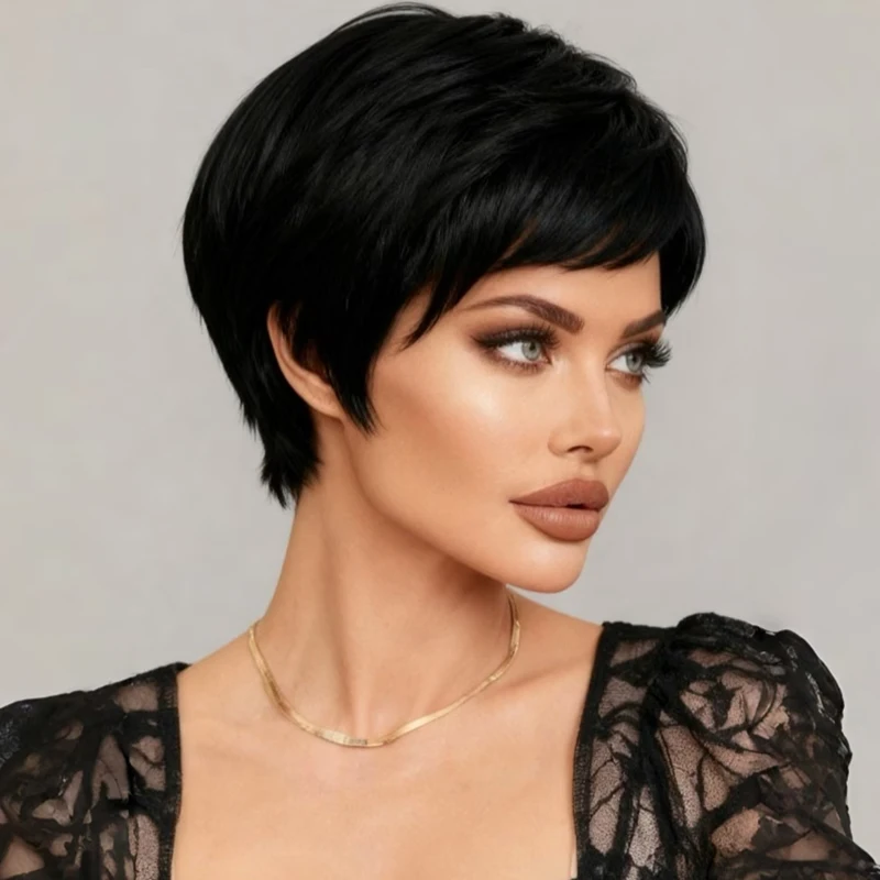 An 8-inch black, short-style synthetic wig for women, with a natural look and easy to wear, suitable for all women’s outfits.