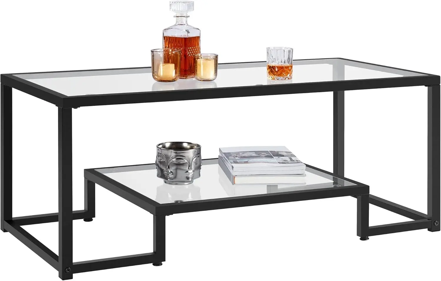 

Modern Tempered Glass Coffee Table with Geometric Metal Frame & Open Shelf for Living Room, Office, Black