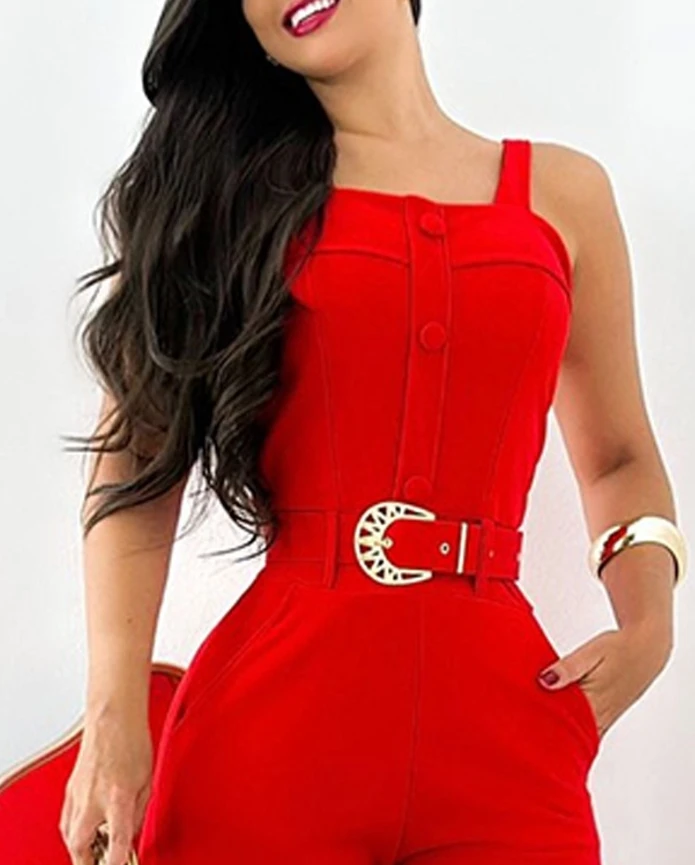 Square Neck Thick Strap Front Button Slim Fit Cropped Jumpsuit Elegant Overalls with Belt