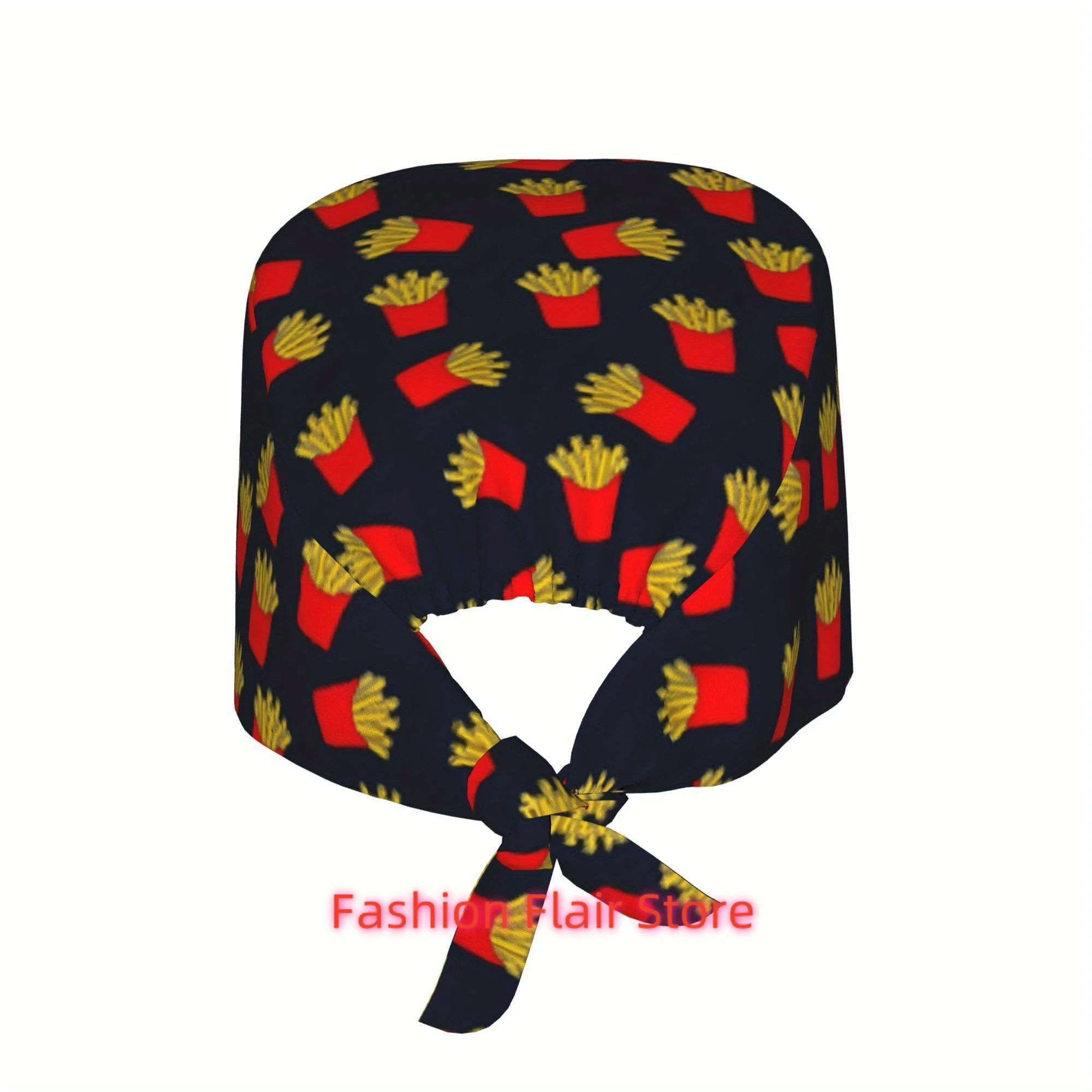Adjustable Fries-Themed Work Cap for Nurses & Chefs - Lightweight, Dustproof, Polyester, Black with Red & Yellow French Fry Desi