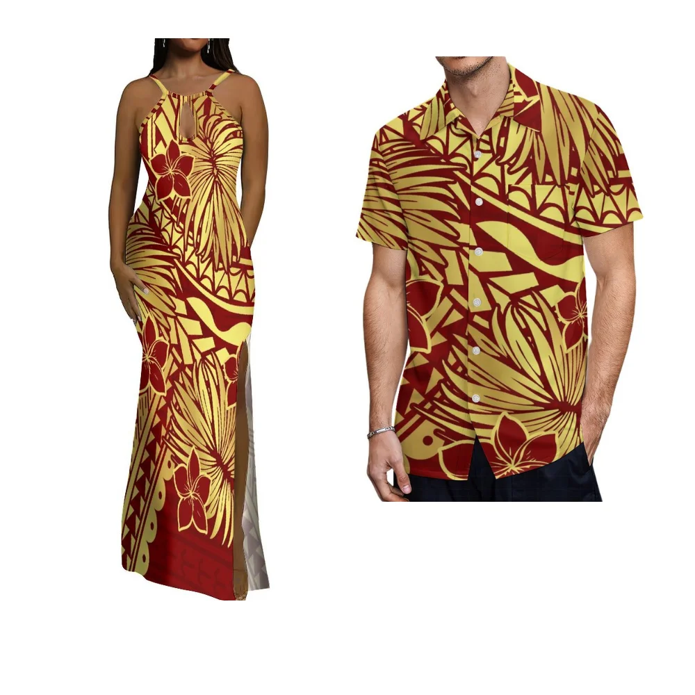 Abbigliamento da coppia dell'Isola Samoan Abito estivo senza maniche slim fit da donna Camicia da uomo Abito polinesiano sexy con spacco con scollo profondo