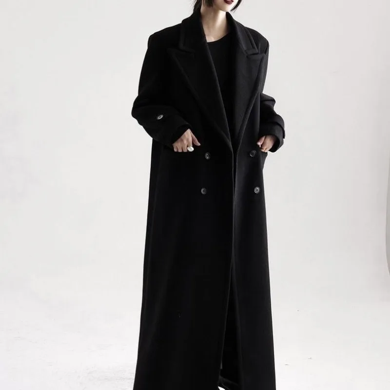 Luxury Brand Designer Women Black Wool Coat Autumn Winter Trench Coat Long Windbreaker Over The Knee Outerwear Women's Clothing