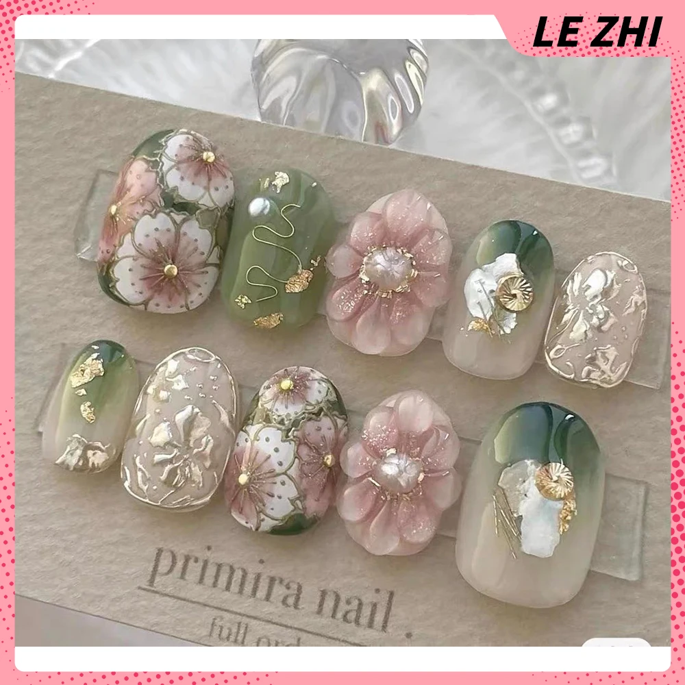 Gilding Flower Almond Press On Nails Art Handmade Oval Light Luxury Retroflower Glitter Cherry Blossom Fake Nails Party Stickers