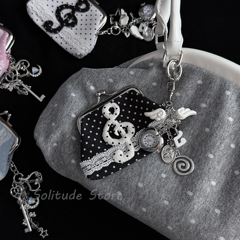 Original Y2K Retro Clock Design Wallet Lace Polka Dot Coin Purse Musical Symbol Design Rose Keychain Pendant Earphone Bag Gift