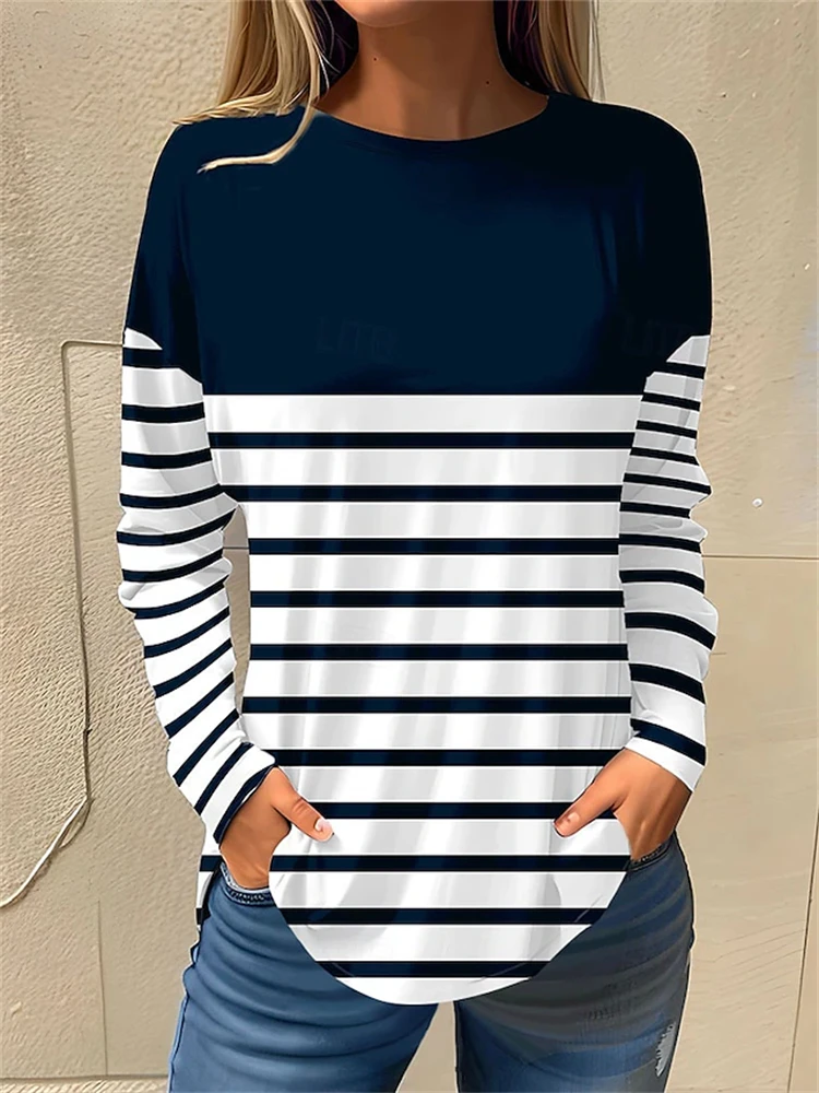 New Women's Autumn Long-Sleeve Color-Block Striped Top Comfortable Relaxed-Fit Casual T-Shirt with An Elegant Crew Neck