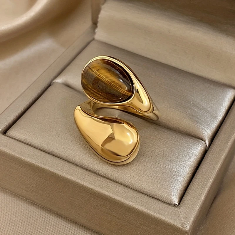 Huitan Modern Fashion Teardrop Imitation Tiger Eye Open Rings for Women Gold Color Minimalist Daily Party Lady Statement Jewelry - view 3