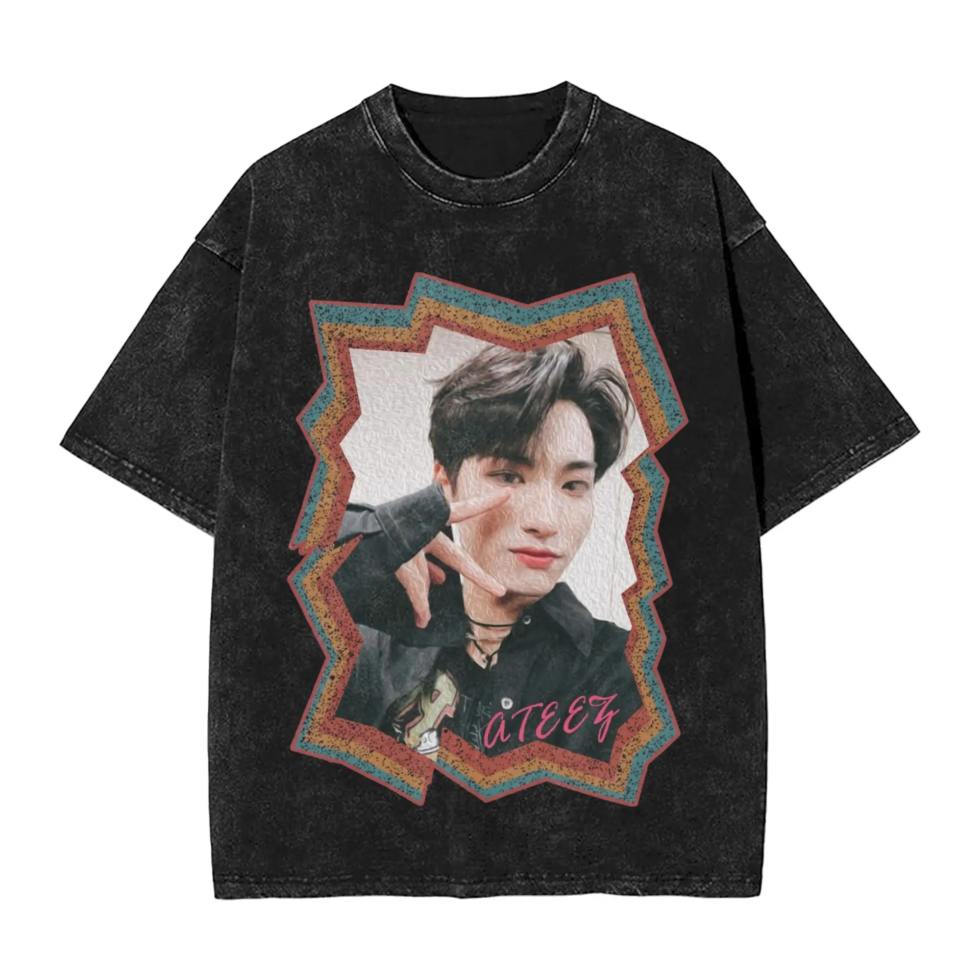 Ateez Seonghwa  Outfit Washed T Shirts Men Women Streetwear Hip Hop T-Shirt Graphic Printed  Tees Short Sleeve