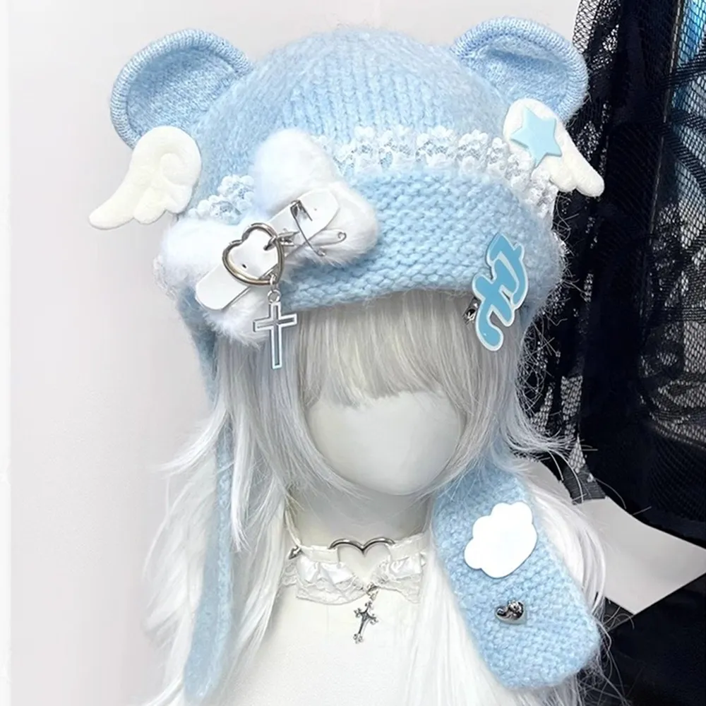 Women Harajuku Gothic Lolita Angel Wings Beanie Hat Japanese Y2K Girl Cross Star Bone Cat Ear Cap Winter Warmer Lace Knitted Hat