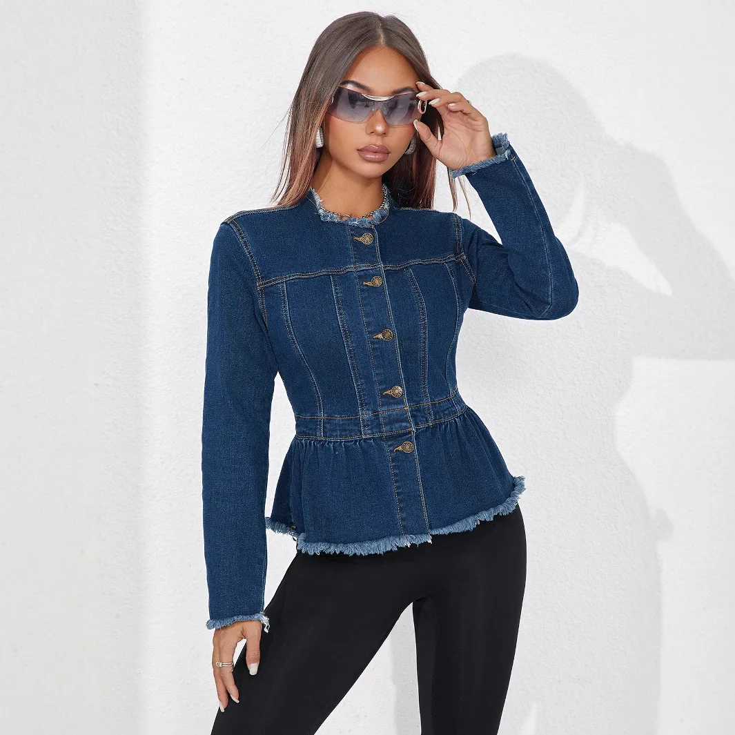 

Women's Denim Jacket 2026 Spring Autumn Elegant Collarless Short Jacket Slim Waist Denim Coat With Umbrella Frayed Hem