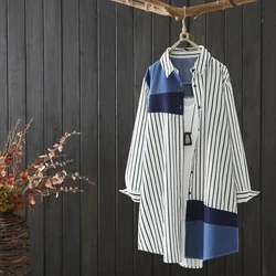 Women's Clothing Vintage Striped Patchwork Shirt Korean Fashion Long Sleeve Oversize Blouse Casual Cotton Irregular Tunic Tops