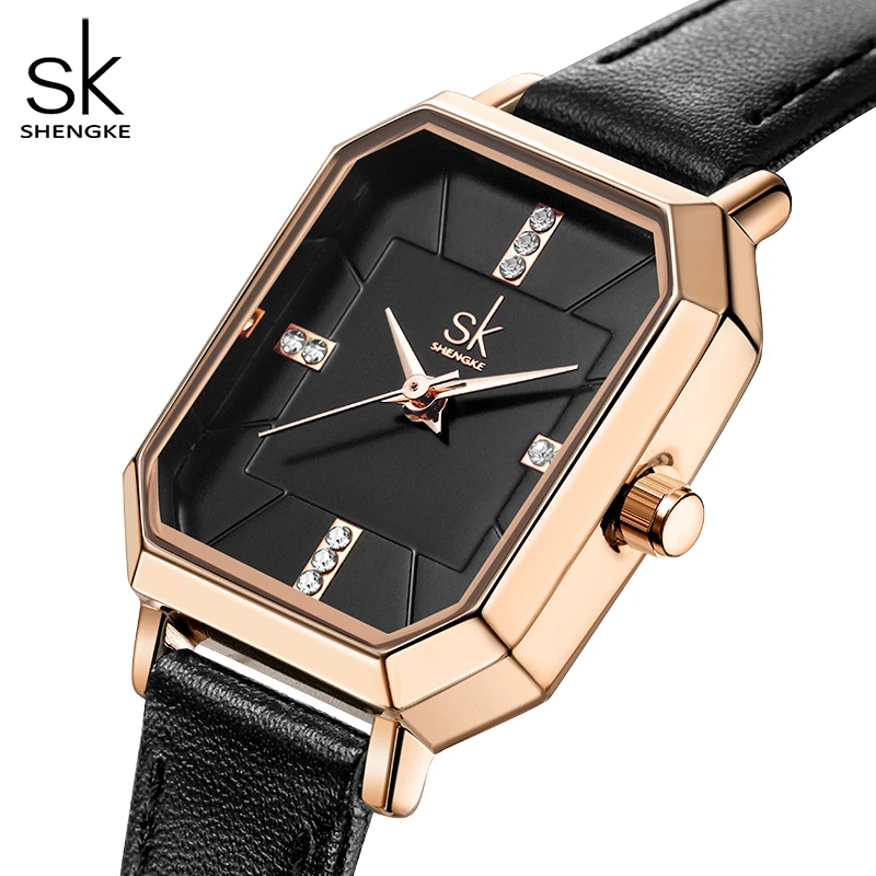 Shengke Fashion Black Leather Strap Woman Watches Top Luxury Womens Quartz Wristwatches Reloj Mujer Zegarek Damski Dropshipping