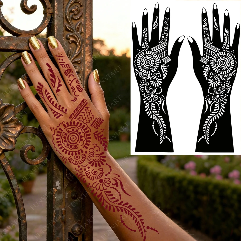 

1 Pair Henna Stencil for Women Hand Fingers Flower Henna Tattoo Template Mehndi Design Painting Tools Festival Body Decor