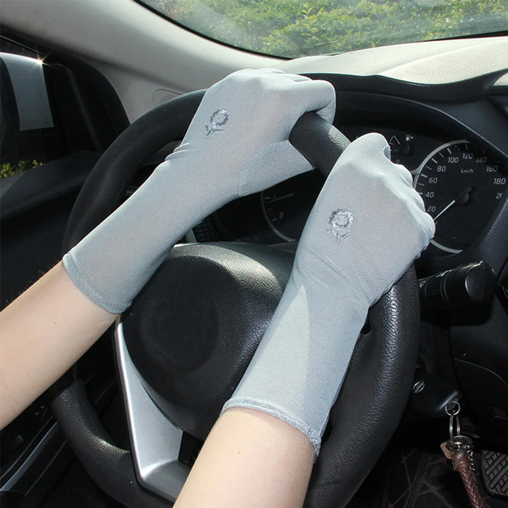 

Spring Summer Embroidered Stretch Mid-long Breathable Mittens Anti UV Driving Glove Sunscreen Gloves