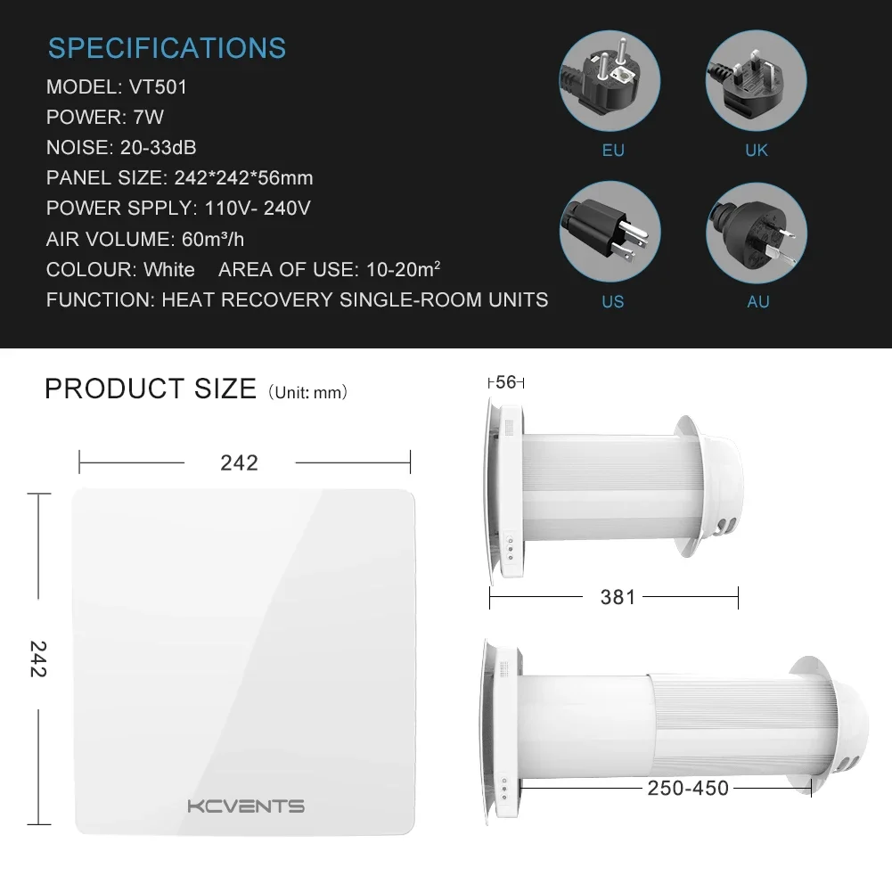 KCvents VT501 small new effective 90% heat recovery ventilation system with ceramic exchange filter