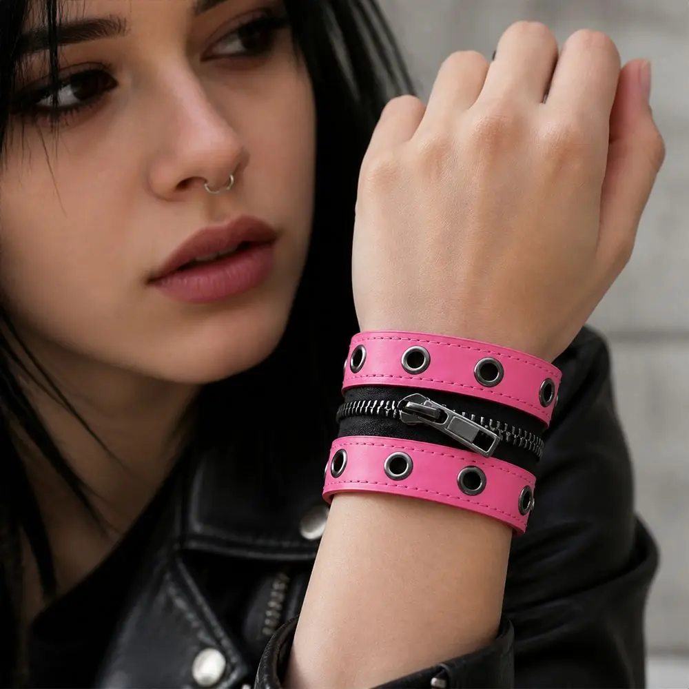 New Leather Leather Wristband Rivet Accent Zipper Detail Punk Arm Cuff Snap Closure Punk Style Zipper Bracelet