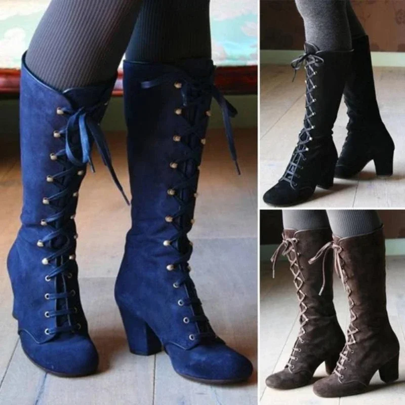 2024 Black Boots Women Shoes  Knee High Women Casual Vintage Retro Mid-Calf Boots Lace Up Thick Heels Shoes