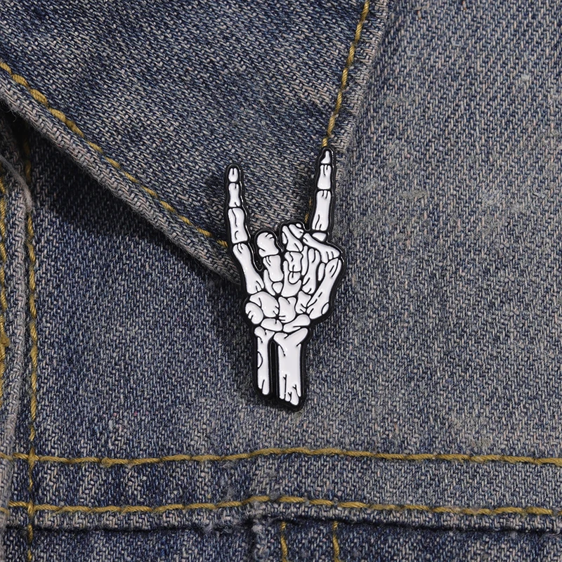 Rock Band Gestures Enamel Pins Custom Halloween Skeletal Finger Joints Brooches Lapel Badges Punk Gothic Jewelry Gift For Kids