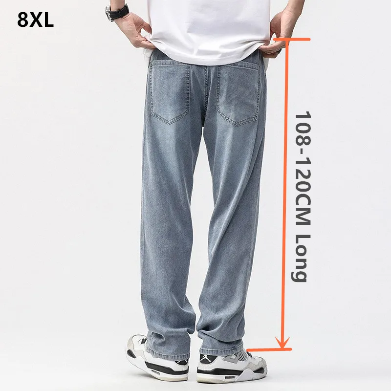

Tall Man Pants Extra Long Jeans Summer Straight Wide Leg Plus Size 8XL 7XL 6XL Oversized Loose Cool Thin Stretched Blue Trousers