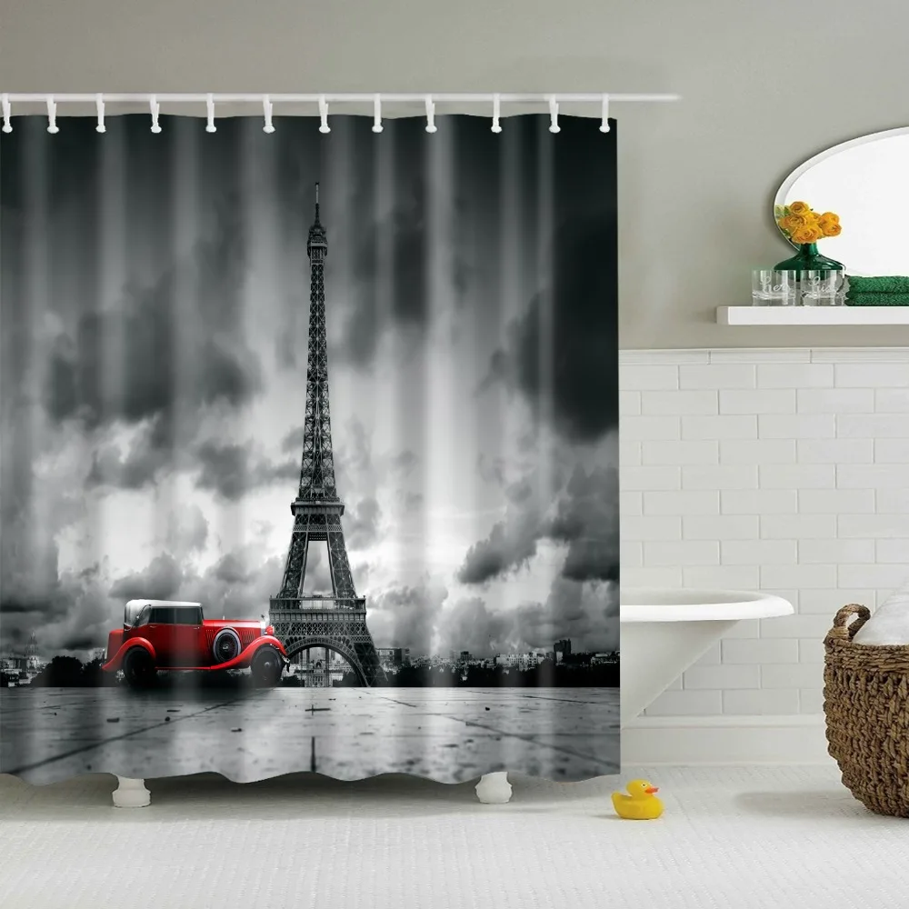 2021 New Style Retro Retro Tower Bathroom Shower Curtains Frabic Waterproof Polyester Bath Curtain with Hooks Shower Curtains