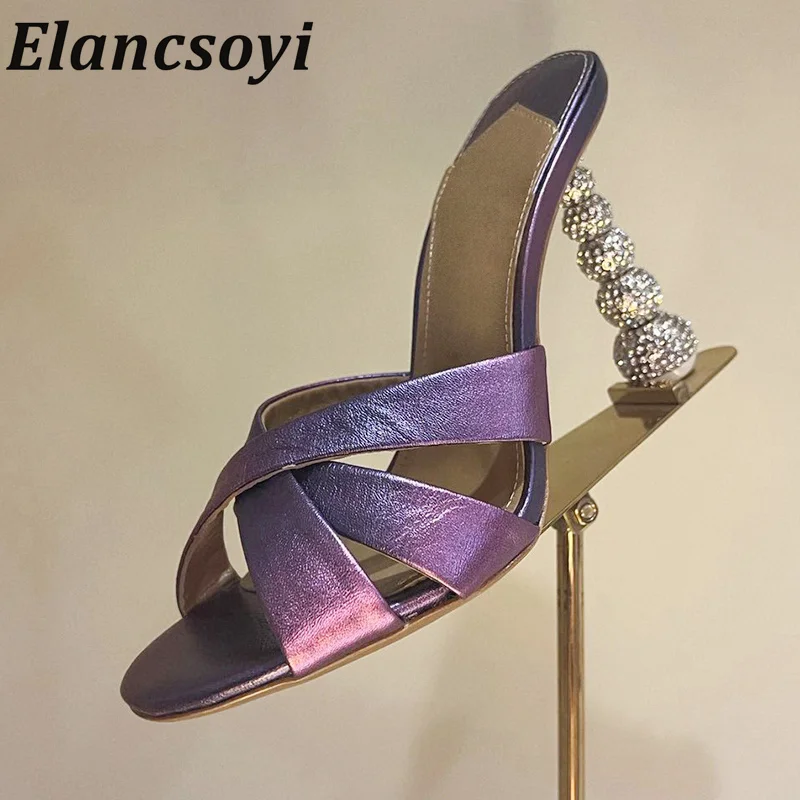 

Summer Genuine Leather Open Toed Slippers Women's Shiny Crystal Strange Style High Heel Sandals Female Banquet Dresses Shoes