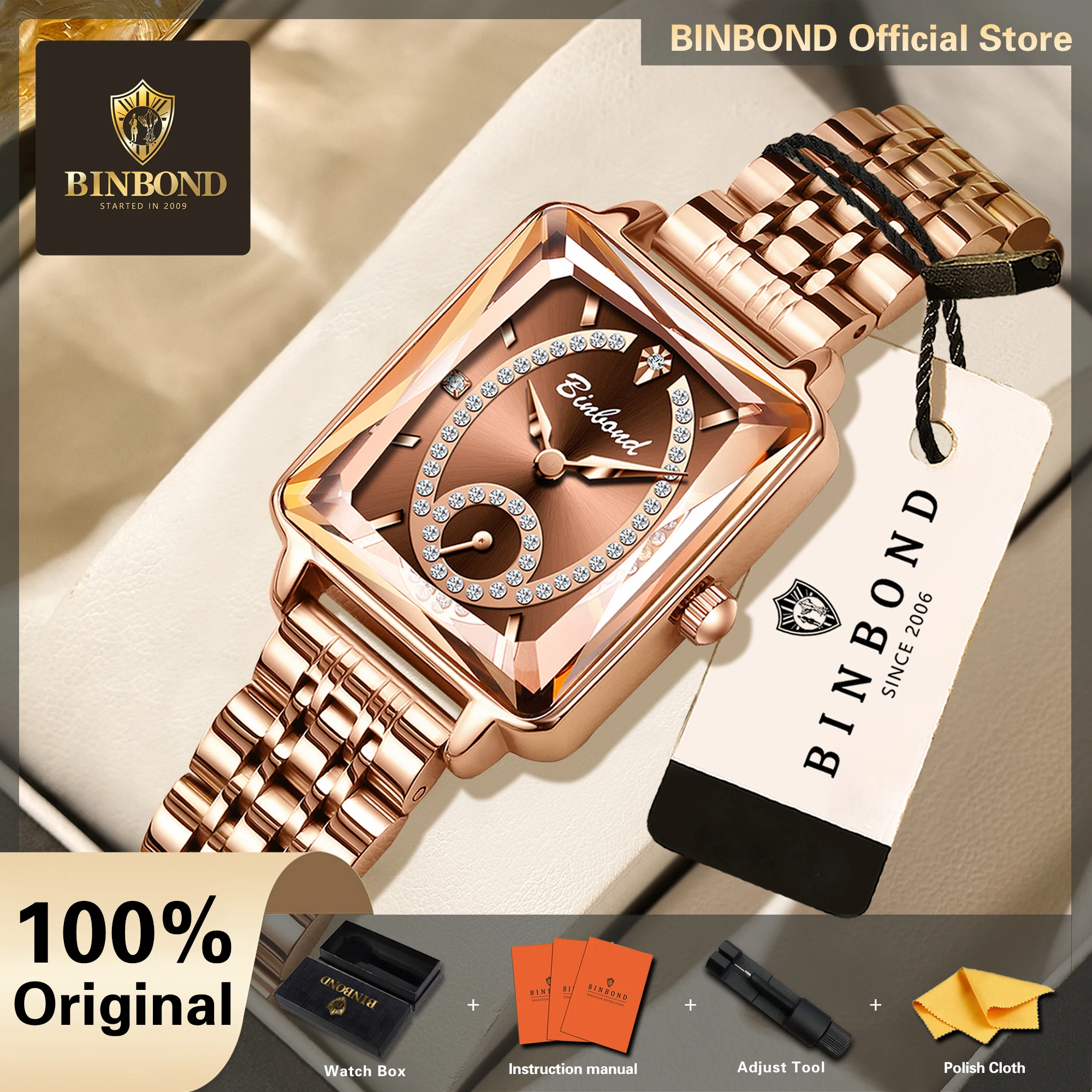 Luxury Watch Gift Box - นาฬิกาควอตซ์ BINBOND ของแท้สำหรับผู้หญิง นาฬิกาเรืองแสงที่แม่นยำ กันน้ำ ทนทาน
