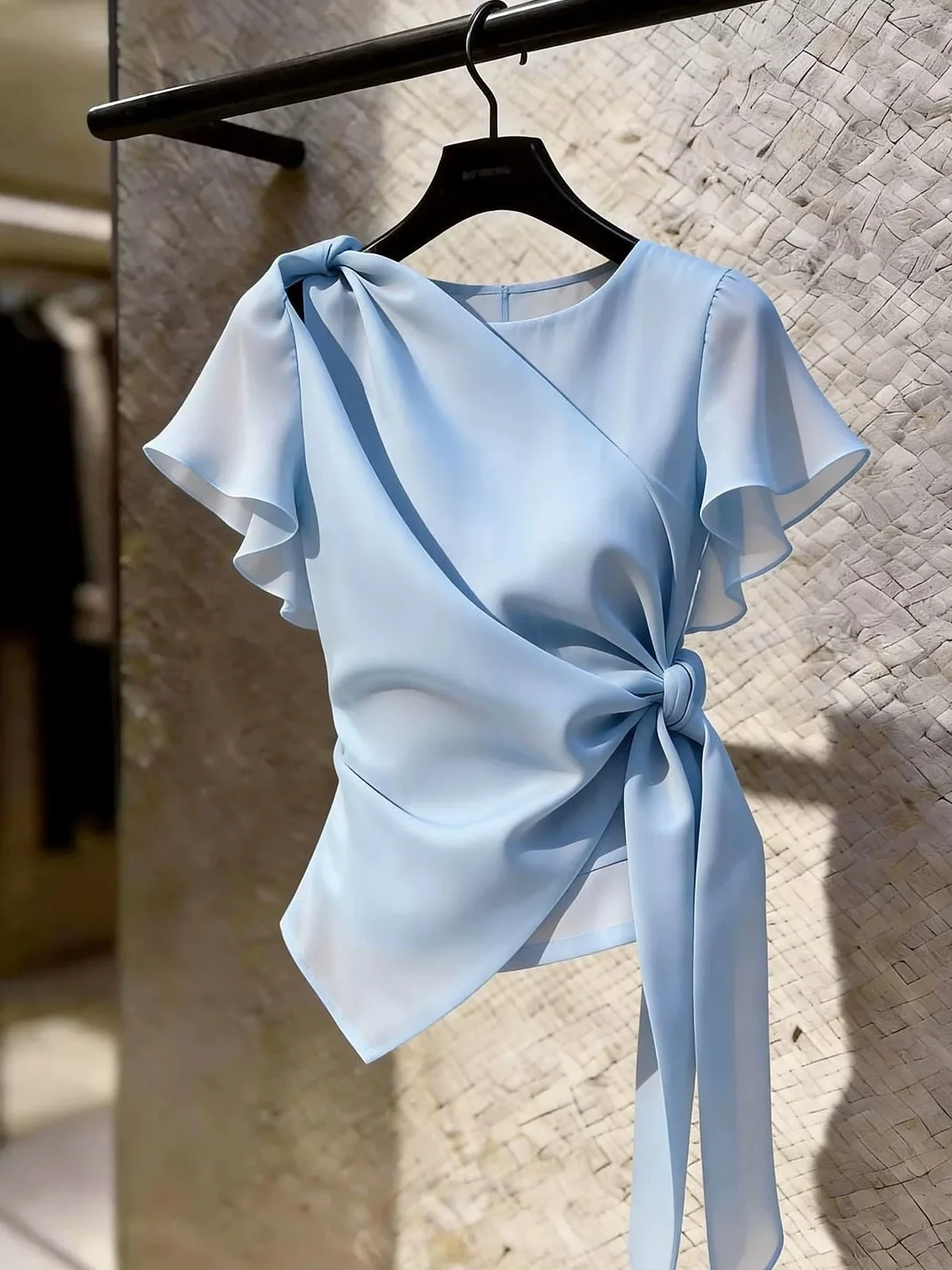

Trendy Belted Tie-Shirt Commute Style Slimming Top Korean Version Straight Cut Summer Fashion Small Audience Silk Blouse