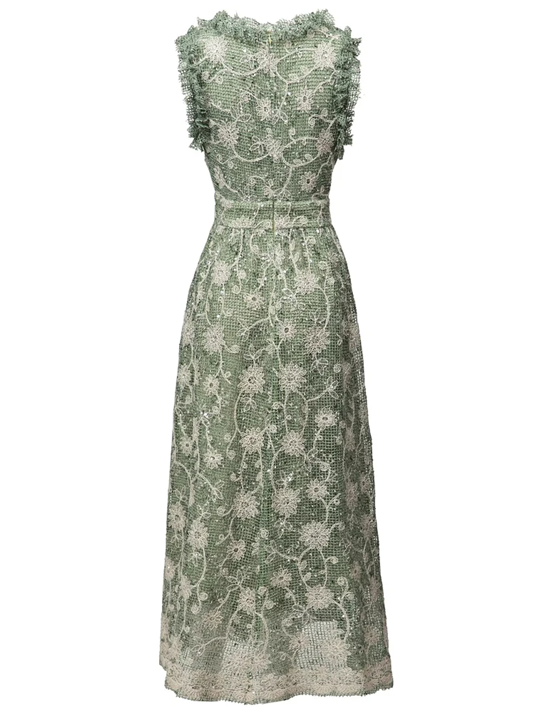 DSXDFACAIRIJ vrouwen V-hals Mouwloos Pailletten Borduren hol Jurk Vintage Party Lange Zomer Mode Vrouwelijke