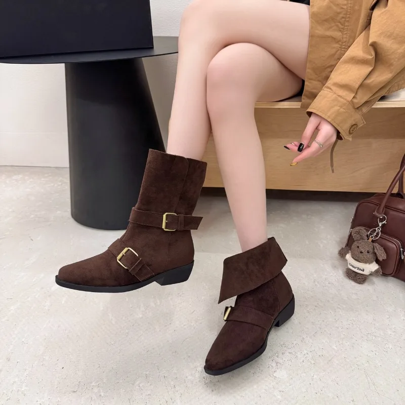 أحذية فرنسية عصرية بأكمام من جلد الغزال وإبزيم معدني ونعل ناعم ومضادة للانزلاق ومقاومة للاهتراء