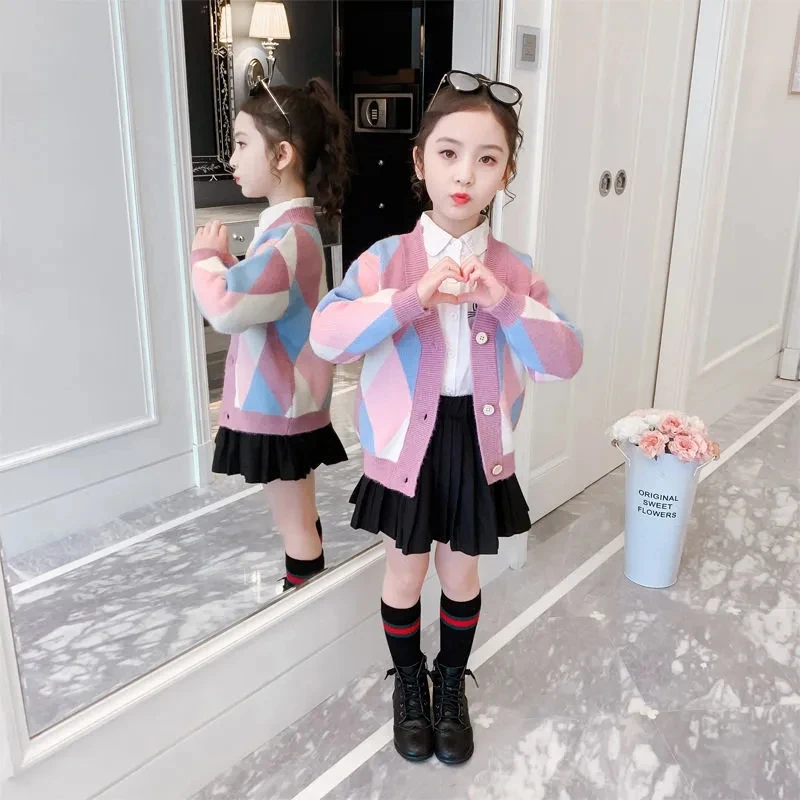 

Lady Style Spring Autumn Girls Knitted Cardigan Single-breasted Sweater Children's Long Sleeve Top Coat Simple V-neck Cardigan