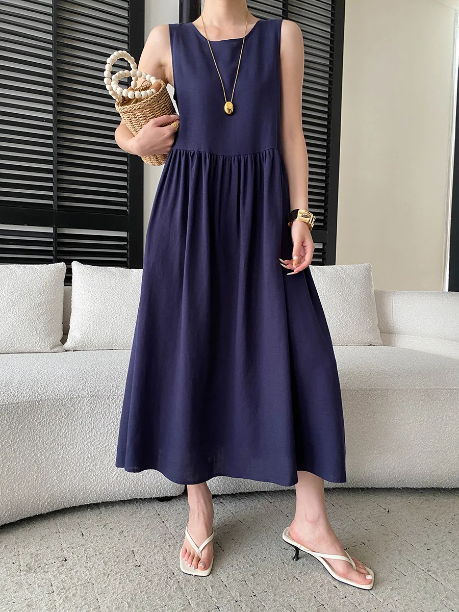 Sommerliches, lässiges, einfarbiges, ärmelloses Patchwork-Kleid mit Rundhalsausschnitt für Damen – Detail 4