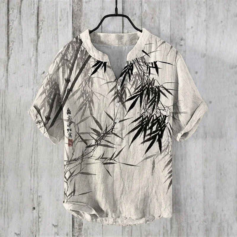 

Green bamboo printed linen blended V-neck men's fashionable loose fitting shirt