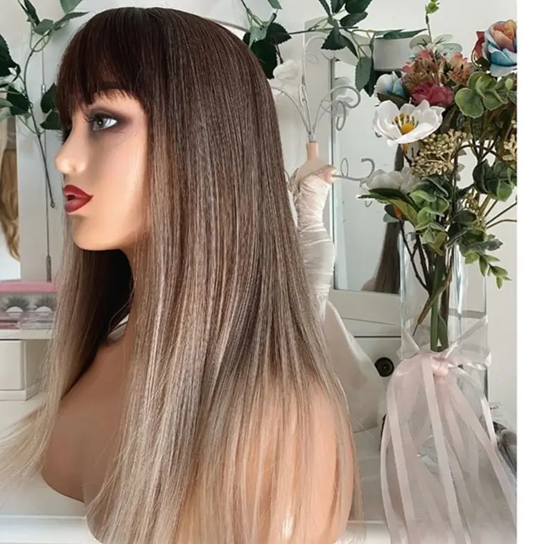 

Synthetic Wig Ombre Ash Blonde Brown Straight HD Transparent Lace Front Wig With Bangs Heat Resistant Fiber Hair Wigs Preplucked